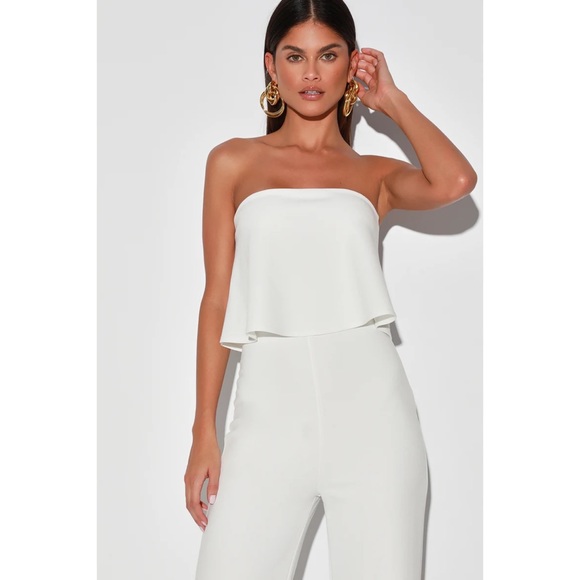 New Lulus What Lovers Do White Strapless Wide-Leg Wedding Bridal Jumpsuit - Picture 2 of 4